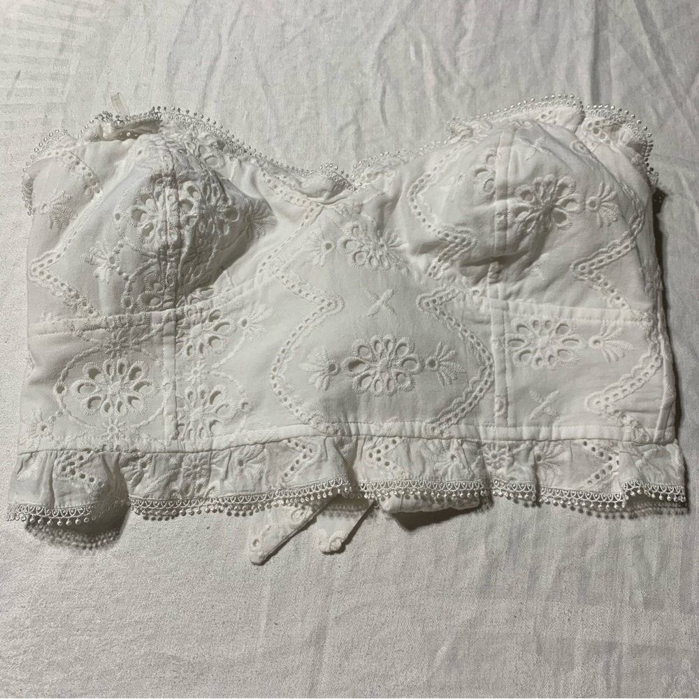 Do + Be White Strapless Bow Top, Large, Bra Style, Cotton Lace Eyelet, Lined